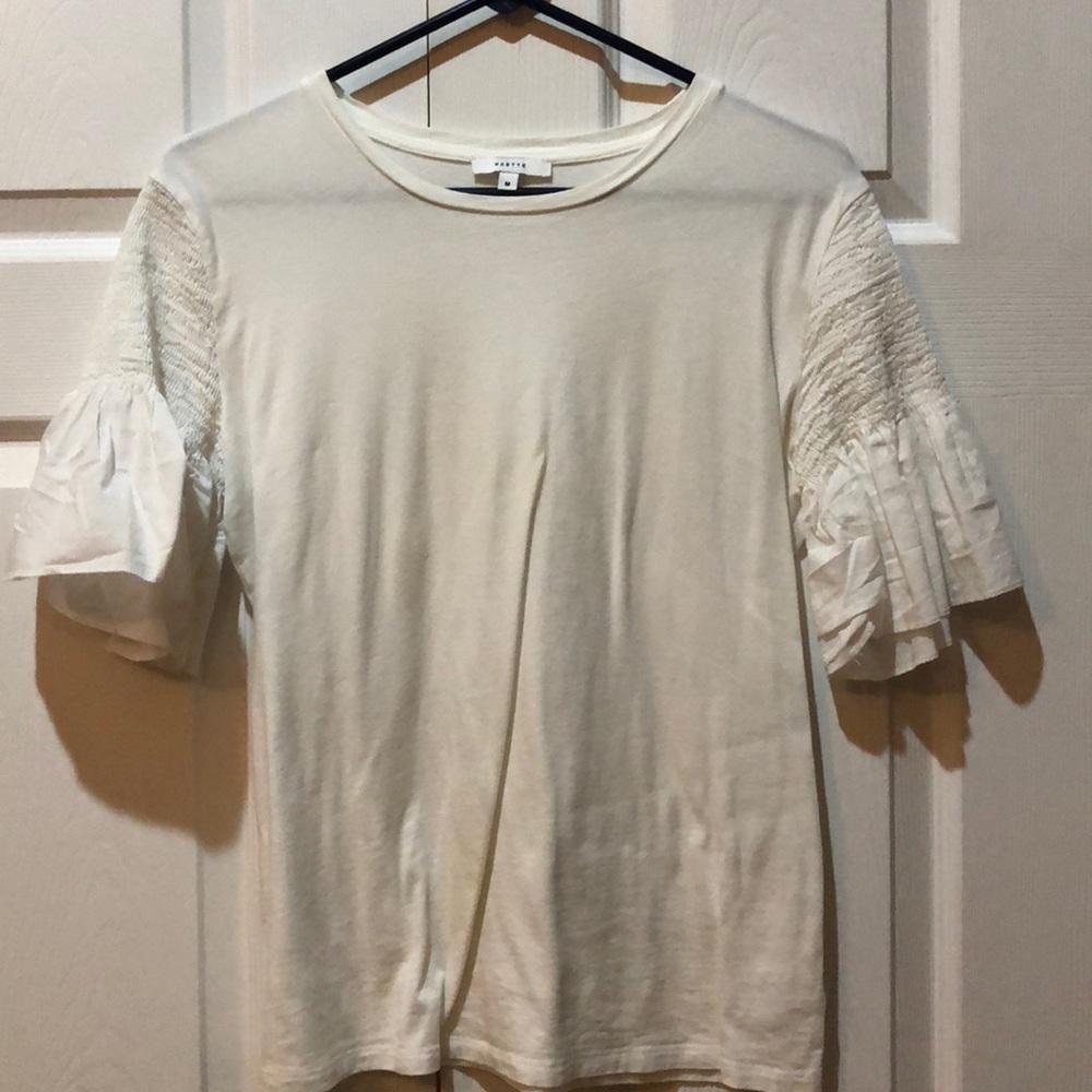 White short sleeve top with ruffle short sleeves